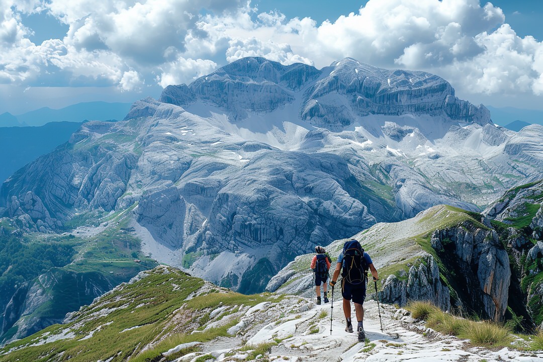 Hikers on a ridge in the Albanian mountains